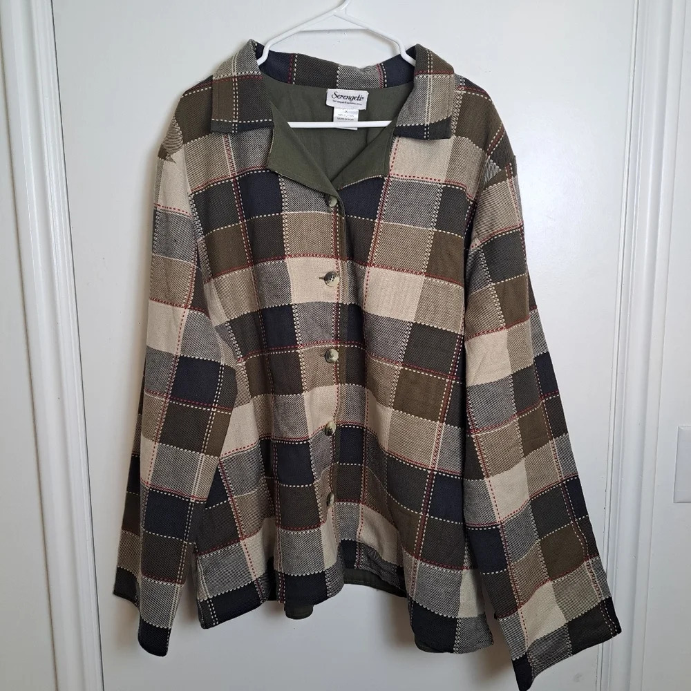 Serengeti Cream Brown Patchwork Plaid Button Up Fall Cotton Blazer Jacket Sz 2X